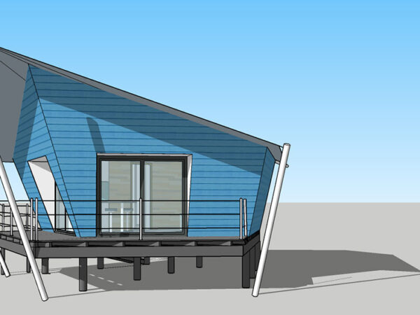 Une cabane dont la forme est inspirée de celle d'un bateau, ayant pour particularité d'avoir des parois en dévers (comme à l'intérieur d'un bateau) et une couverture (toiture) constituée d'une voile tendue au moyen de mâts de métal. La cabane présente un pignon angulaire pourvu de baies vitrées donnant sur une terrasse couverte par la voile qui se prolonge en auvent.