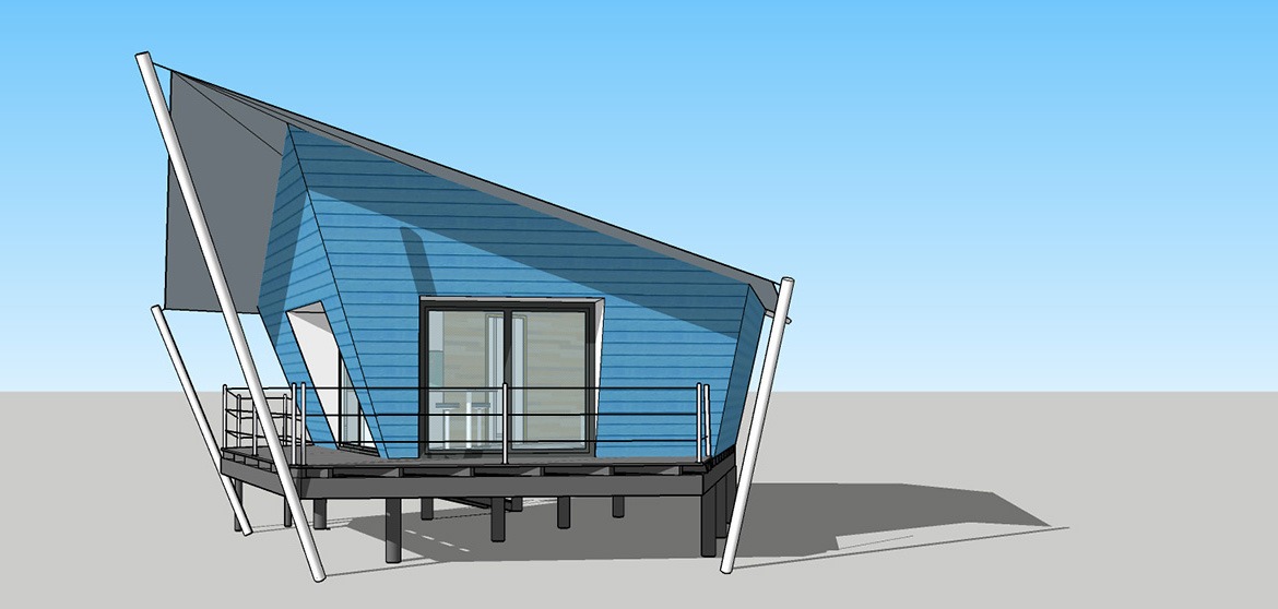 Une cabane dont la forme est inspirée de celle d'un bateau, ayant pour particularité d'avoir des parois en dévers et une couverture (toiture) constituée d'une voile tendue au moyen de mâts de métal. La cabane présente un pignon angulaire pourvu de baies vitrées donnant sur une terrasse couverte par la voile qui se prolonge en auvent. 