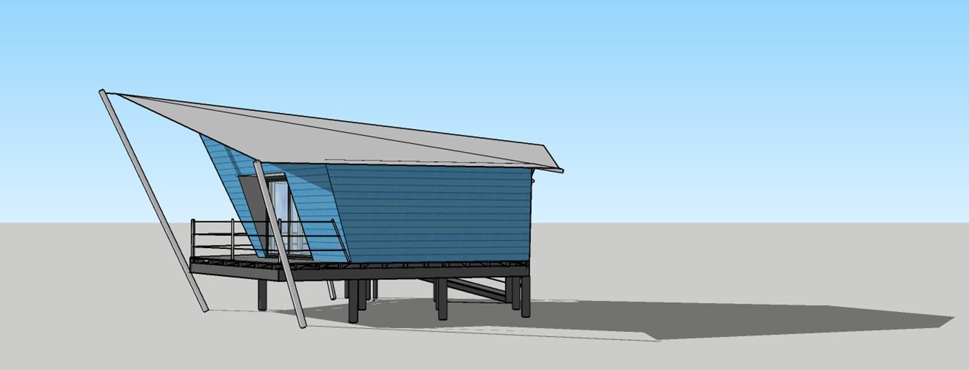 Photocomposition de la cabane-bateau vue de coté. 