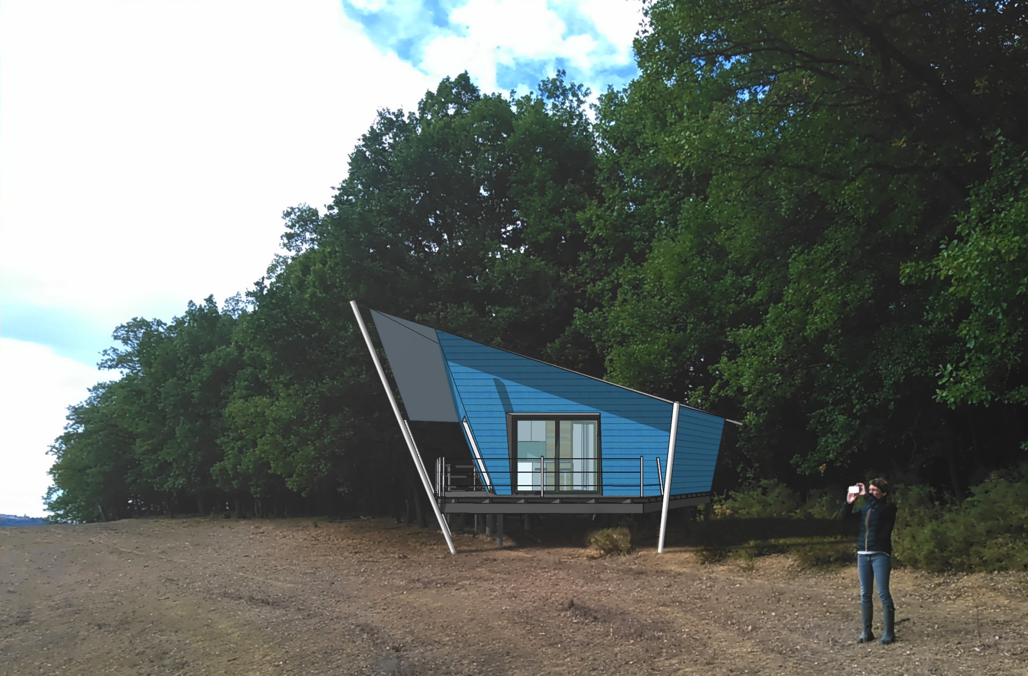 Photocomposition de la cabane-bateau sur son lieu d'implantation ; elle est en bois peint en bleu, comporte des poteaux en métal et un toit en toile de bateau tendue.