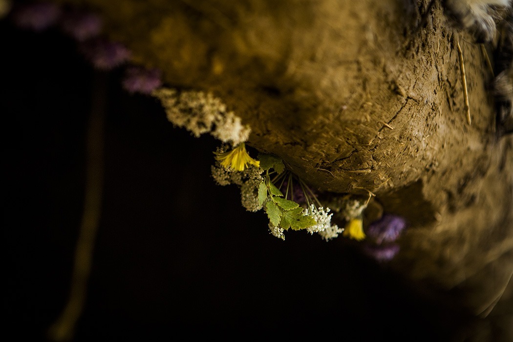 Photographie de détails d'un chapelet de fleurs sauvages installé spontanément par des festivaliers à l'entrée du ventre de la Vénus monumentale, créée à l'occasion de l'événement l'homme sauvage 2024 par Alexandre Drabzak.