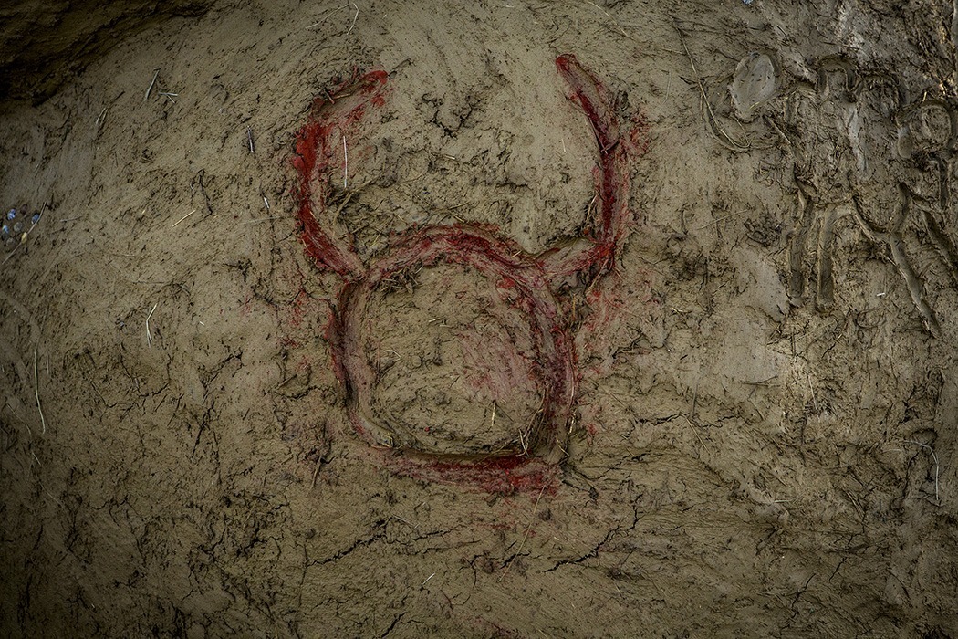 Photographie de détails d'un pétroglyphe symbolisant la tête d'un taureau, présent sur le corps de la Vénus monumentale, créée à l'occasion de l'événement l'homme sauvage 2024 par Alexandre Drabzak.