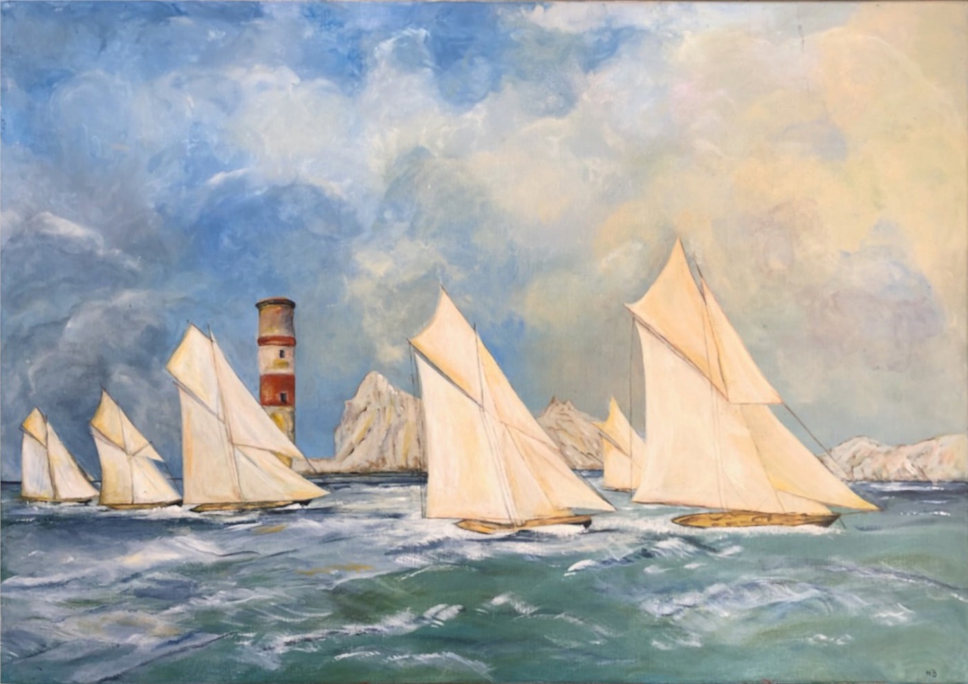 Marine (peinture de mer) avec voiliers semblant faire une course, phare rouge et blanc et rochers. Auteur Christian Puig.