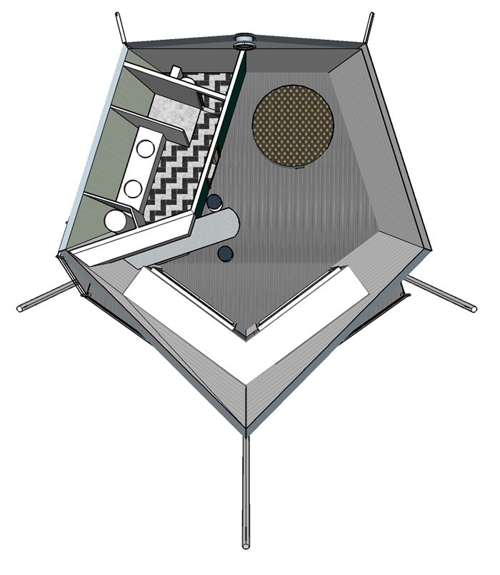 Image-plan 3D de l'aménagement intérieur de la cabane-bateau.