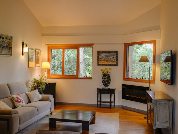 Photographie du salon meublé, avec plafond rampant, luminaires et fenêtres donnant sur la canopée des arbres.