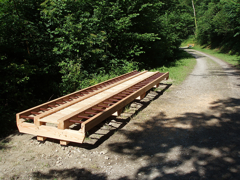 Agrès en bois destiné à un exercice combinant gainage dynamique et coordination, constitué d'une double échelles horizontales en barres de métal, séparées par une étroite plateforme, et appelé "Le pas de l'araignée". Dispositif innovant imaginé, conçu et réalisé par Alexandre Drabzak, et appartenant à un ensemble constituant un parcours sportifs de plein nature.