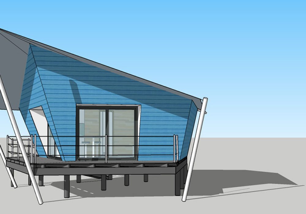 Une cabane dont la forme est inspirée de celle d'un bateau, ayant pour particularité d'avoir des parois en dévers (comme à l'intérieur d'un bateau) et une couverture (toiture) constituée d'une voile tendue au moyen de mâts de métal. La cabane présente un pignon angulaire pourvu de baies vitrées donnant sur une terrasse couverte par la voile qui se prolonge en auvent.