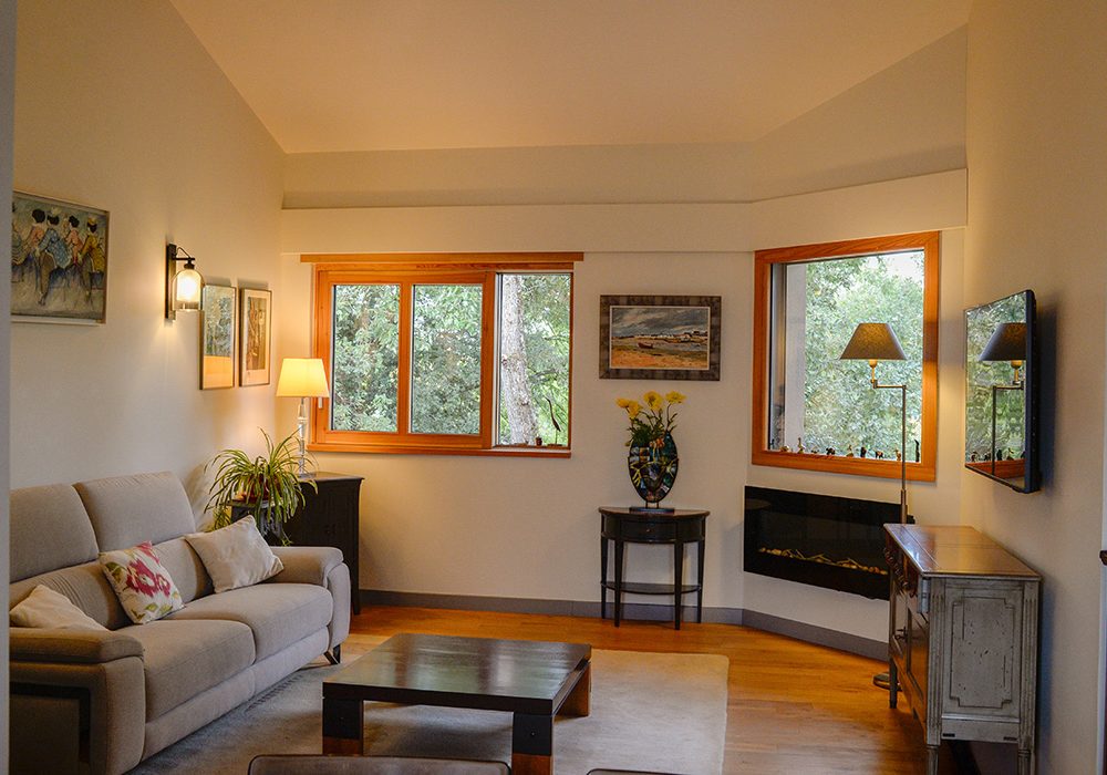 Photographie du salon meublé, avec plafond rampant, luminaires et fenêtres donnant sur la canopée des arbres.